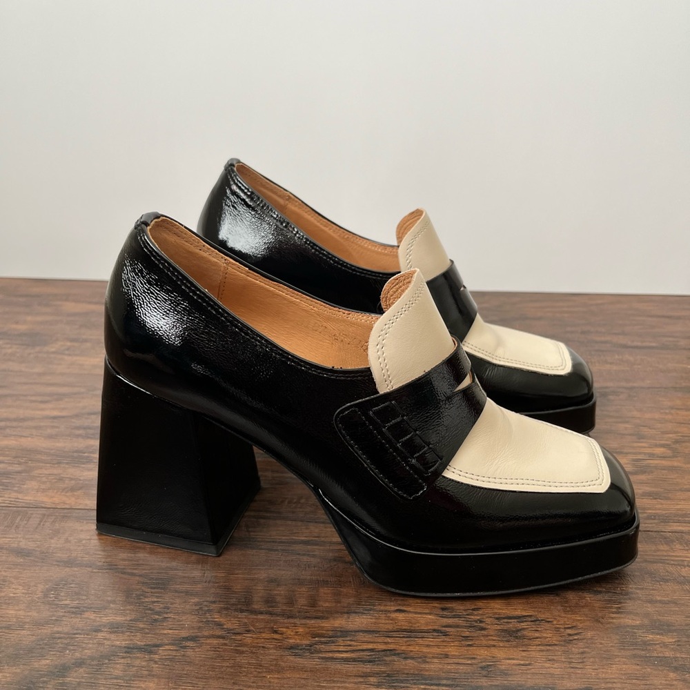 Embassy London Tamara Heeled Chunky Patent Leather Loafers Size 37 Black White - Picture 3 of 9